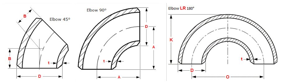 45 and 90 degree elbow dimensional drawing